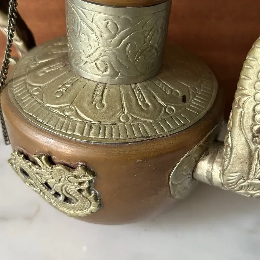 Vintage Tibetan Style Metal Dragon Decanter Pair MCM Asian Boho Home Decor